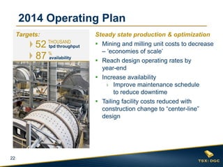 2014 Operating Plan
Targets:

52 THOUSAND
tpd throughput
87 %
availability

Steady state production & optimization
 Mining and milling unit costs to decrease
– ‘economies of scale’
 Reach design operating rates by
year-end
 Increase availability
› Improve maintenance schedule
to reduce downtime
 Tailing facility costs reduced with
construction change to “center-line”
design

22

 