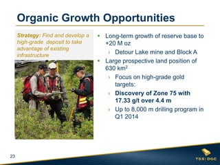 Organic Growth Opportunities
Strategy: Find and develop a
high-grade deposit to take
advantage of existing
infrastructure

23

 Long-term growth of reserve base to
+20 M oz
› Detour Lake mine and Block A
 Large prospective land position of
630 km2
› Focus on high-grade gold
targets:
› Discovery of Zone 75 with
17.33 g/t over 4.4 m
› Up to 8,000 m drilling program in
Q1 2014

 