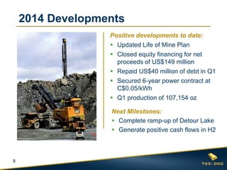 8
2014 Developments
22%
Positive developments to date:
 Updated Life of Mine Plan
 Closed equity financing for net
proceeds of US$149 million
 Repaid US$40 million of debt in Q1
 Secured 6-year power contract at
C$0.05/kWh
 Q1 production of 107,154 oz
Next Milestones:
 Complete ramp-up of Detour Lake
 Generate positive cash flows in H2
 