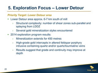 22
5. Exploration Focus – Lower Detour
Priority Target: Lower Detour area
 Lower Detour area approx. 6-7 km south of mill
› Structural complexity: number of shear zones sub-parallel and
splaying from LDDZ
› Several gold mineralization styles encountered
 2014 exploration program results:
› Mineralization extends for 450 metres
› High-grade gold intercepts in altered feldspar porphyry
intrusive containing quartz and/or quartz/tourmaline veins
› Results suggest that grade and continuity may improve at
depth
 
