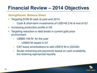 14
Strengthened Balance Sheet
 Targeting $100 M cash at year-end 2014
› Cash & short-term investments of US$145.2 M at end of Q1
 Increasing production profile in H2
 Targeting reduction in debt levels in current gold price
environment
› US$80-100 M for the year
› US$40 M repaid in Q1
› CAT lease amortizations to add US$15 M in (Q3/Q4)
› Sculpt remaining pre-payments based on cash availability,
but retaining appropriate liquidity
Financial Review – 2014 Objectives
 