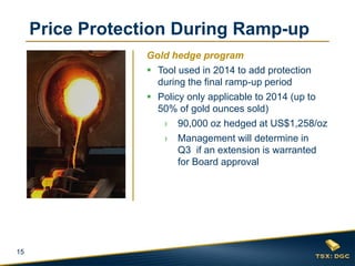 15
Gold hedge program
 Tool used in 2014 to add protection
during the final ramp-up period
 Policy only applicable to 2014 (up to
50% of gold ounces sold)
› 90,000 oz hedged at US$1,258/oz
› Management will determine in
Q3 if an extension is warranted
for Board approval
Price Protection During Ramp-up
 