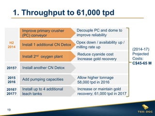19
Decouple PC and dome to
improve reliability
Improve primary crusher
(PC) conveyor
Install 1 additional CN Detox
Add pumping capacities
Install 2nd oxygen plant
Opex down / availability up /
milling rate up
Reduce cyanide cost
Increase gold recovery
Install up to 4 additional
leach tanks
Increase or maintain gold
recovery; 61,000 tpd in 2017
Allow higher tonnage
58,000 tpd in 2016
(2014-17)
Projected
Costs:
C$45-65 M
H2
2014
2015
2016
2016?
2017?
Install another CN Detox2015?
1. Throughput to 61,000 tpd
 