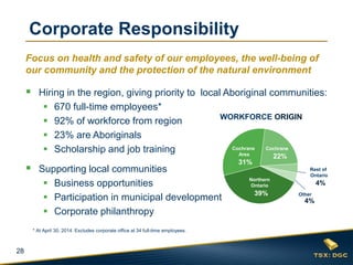 28
Focus on health and safety of our employees, the well-being of
our community and the protection of the natural environment
 Hiring in the region, giving priority to local Aboriginal communities:
 670 full-time employees*
 92% of workforce from region
 23% are Aboriginals
 Scholarship and job training
 Supporting local communities
 Business opportunities
 Participation in municipal development
 Corporate philanthropy
Northern
Ontario
39%
Cochrane
22%
Cochrane
Area
31%
Rest of
Ontario
4%
4%
Other
Corporate Responsibility
WORKFORCE ORIGIN
* At April 30, 2014. Excludes corporate office at 34 full-time employees.
 