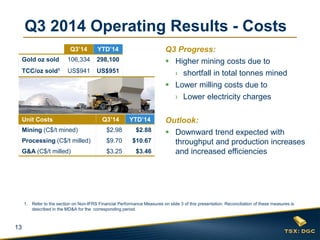 13 
Q3 2014 Operating Results - Costs 
Q3’14 
YTD’14 
Gold oz sold 
106,334 
298,100 
TCC/oz sold1 
US$941 
US$951 
1.Refer to the section on Non-IFRS Financial Performance Measures on slide 3 of this presentation. Reconciliation of these measures is described in the MD&A for the corresponding period. 
Unit Costs 
Q3’14 
YTD’14 
Mining (C$/t mined) 
$2.98 
$2.88 
Processing (C$/t milled) 
$9.70 
$10.67 
G&A (C$/t milled) 
$3.25 
$3.46 
Q3 Progress: 
Higher mining costs due to 
›shortfall in total tonnes mined 
Lower milling costs due to 
›Lower electricity charges Outlook: 
Downward trend expected with throughput and production increases and increased efficiencies  