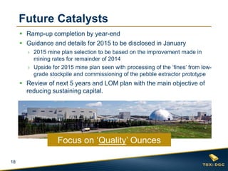 18 
Ramp-up completion by year-end 
Guidance and details for 2015 to be disclosed in January 
›2015 mine plan selection to be based on the improvement made in mining rates for remainder of 2014 
›Upside for 2015 mine plan seen with processing of the ‘fines’ from low- grade stockpile and commissioning of the pebble extractor prototype 
Review of next 5 years and LOM plan with the main objective of reducing sustaining capital. 
Future Catalysts 
Focus on ‘Quality’ Ounces  