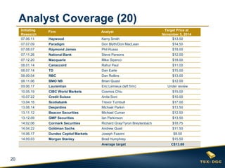 20 
Initiating Research 
Firm 
Analyst 
Target Price at November 5, 2014 
07.06.11 
Haywood 
Kerry Smith 
$13.50 
07.07.09 
Paradigm 
Don Blyth/Don MacLean 
$14.50 
07.08.07 
Raymond James 
Phil Russo 
$18.00 
07.11.26 
National Bank 
Steve Parsons 
$12.00 
07.12.20 
Macquarie 
Mike Siperco 
$18.00 
08.01.14 
Canaccord 
Rahul Paul 
$11.00 
08.07.14 
TD 
Dan Earle 
$15.00 
08.09.04 
RBC 
Dan Rollins 
$13.00 
08.11.06 
BMO NB 
Brian Quast 
$12.00 
09.06.17 
Laurentian 
Eric Lemieux (left firm) 
Under review 
10.05.19 
CIBC World Markets 
Cosmos Chiu 
$15.00 
10.07.22 
Credit Suisse 
Anita Soni 
$10.00 
13.04.16 
Scotiabank 
Trevor Turnbull 
$17.00 
13.08.14 
Desjardins 
Michael Parkin 
$13.50 
13.11.12 
Beacon Securities 
Michael Curran 
$12.50 
13.12.09 
GMP Securities 
Ian Parkinson 
$13.50 
14.02.06 
Cormark Securities 
Richard Gray/Tyron Breytenbach 
$18.75 
14.04.22 
Goldman Sachs 
Andrew Quail 
$11.50 
14.06.17 
Dundee Capital Markets 
Joseph Fazzini 
$9.50 
14.09.03 
Morgan Stanley 
Brad Humphrey 
$15.50 
Average target 
C$13.88 
Analyst Coverage (20)  
