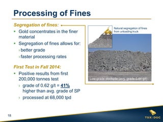 18
Processing of Fines
Segregation of fines:
 Gold concentrates in the finer
material
 Segregation of fines allows for:
›better grade
›faster processing rates
First Test in Fall 2014:
 Positive results from first
200,000 tonnes test
› grade of 0.62 g/t = 41%
higher than avg. grade of SP
› processed at 68,000 tpd
Low-grade stockpile (avg. grade 0.44 g/t)
Natural segregation of fines
from unloading truck
 
