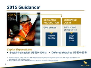 7
2015 Guidance1
TCC2
$780-
$850
AISC/oz sold2
$1,050-$1,150
Capital Expenditures
 Sustaining capital: US$90-100 M
475,000 -
525,000
Gold ounces
ESTIMATED
COSTS
ESTIMATED
PRODUCTION
 Deferred stripping: US$20-25 M
1. Cost assumptions (US$): Gold price of $1,200/oz, diesel fuel price of $0.82 per litre; power cost of $0.04 per kilowatt hour; and
exchange rate of $1.00US:$1.15Cdn.
2. Refer to the section on Non-IFRS Performance Measures on slide 3 of this presentation.
2015
third year
of operation
 