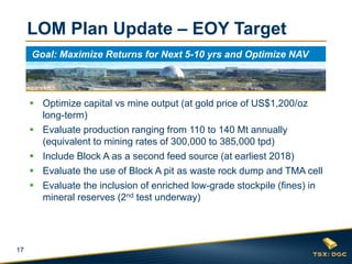 17
 Optimize capital vs mine output (at gold price of US$1,200/oz
long-term)
 Evaluate production ranging from 110 to 140 Mt annually
(equivalent to mining rates of 300,000 to 385,000 tpd)
 Include Block A as a second feed source (at earliest 2018)
 Evaluate the use of Block A pit as waste rock dump and TMA cell
 Evaluate the inclusion of enriched low-grade stockpile (fines) in
mineral reserves (2nd test underway)
LOM Plan Update – EOY Target
Goal: Maximize Returns for Next 5-10 yrs and Optimize NAV
 