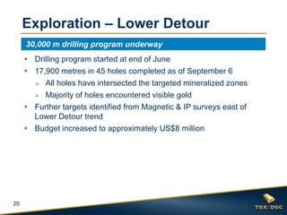 20
 Drilling program started at end of June
 17,900 metres in 45 holes completed as of September 6
 All holes have intersected the targeted mineralized zones
 Majority of holes encountered visible gold
 Further targets identified from Magnetic & IP surveys east of
Lower Detour trend
 Budget increased to approximately US$8 million
Exploration – Lower Detour
30,000 m drilling program underway
 
