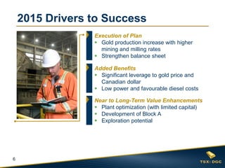 6
2015 Drivers to Success
Execution of Plan
 Gold production increase with higher
mining and milling rates
 Strengthen balance sheet
Added Benefits
 Significant leverage to gold price and
Canadian dollar
 Low power and favourable diesel costs
Near to Long-Term Value Enhancements
 Plant optimization (with limited capital)
 Development of Block A
 Exploration potential
 