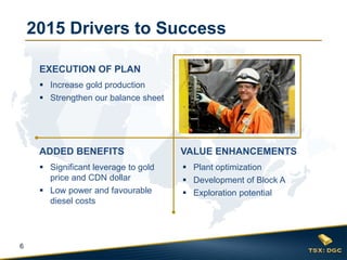 6
VALUE ENHANCEMENTS
 Plant optimization
 Development of Block A
 Exploration potential
 Increase gold production
 Strengthen our balance sheet
EXECUTION OF PLAN
 Significant leverage to gold
price and CDN dollar
 Low power and favourable
diesel costs
ADDED BENEFITS
2015 Drivers to Success
 