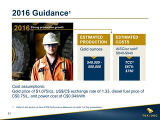 11
2016 Guidance1
TCC2
$675-
$750
AISC/oz sold2
$840-$940
540,000 -
590,000
Gold ounces
ESTIMATED
COSTS
ESTIMATED
PRODUCTION
1. Refer to the section on Non-IFRS Performance Measures on slide 3 of this presentation.
Cost assumptions:
Gold price of $1,075/oz, US$/C$ exchange rate of 1.33, diesel fuel price of
C$0.75/L, and power cost of C$0.04/kWh
2016Strong production growth
 