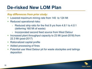 16
De-risked New LOM Plan
Key differences from prior study:
 Lowered maximum mining rate from 140 to 124 Mt
 Reduced operational risks:
› Reduced strip ratio for the first 9 yrs from 4.8:1 to 4.0:1
(deferring 160 Mt of waste)
› Incorporated second feed source from West Detour
 Increased plant throughput capacity to 23 Mt (post-2018) from
22.3 Mt (post-2017)
 Rationalized capital profile
 Added processing of fines
 Potential use West Detour pit for waste stockpiles and tailings
deposition
 