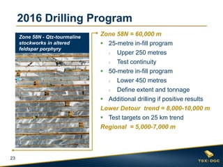 23
2016 Drilling Program
Zone 58N = 60,000 m
 25-metre in-fill program
› Upper 250 metres
› Test continuity
 50-metre in-fill program
› Lower 450 metres
› Define extent and tonnage
 Additional drilling if positive results
Lower Detour trend = 8,000-10,000 m
 Test targets on 25 km trend
Regional = 5,000-7,000 m
Zone 58N - Qtz-tourmaline
stockworks in altered
feldspar porphyry
 