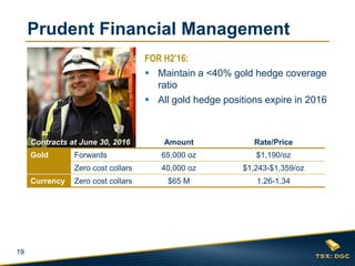 19
Prudent Financial Management
FOR H2’16:
 Maintain a <40% gold hedge coverage
ratio
 All gold hedge positions expire in 2016
Contracts at June 30, 2016 Amount Rate/Price
Gold Forwards 65,000 oz $1,190/oz
Zero cost collars 40,000 oz $1,243-$1,359/oz
Currency Zero cost collars $65 M 1.26-1.34
 