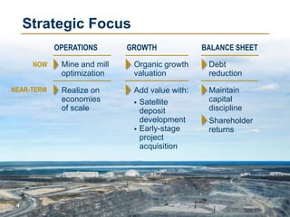 4
OPERATIONS GROWTH BALANCE SHEET
Mine and mill
optimization
Organic growth
valuation
Debt
reduction
Realize on
economies
of scale
Add value with: Maintain
capital
discipline
 Satellite
deposit
development
 Early-stage
project
acquisition
Shareholder
returns
Strategic Focus
4
 