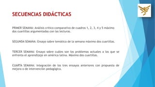 SECUENCIAS DIDÁCTICAS
PRIMER SEMANA: Análisis critico comparativo de cuadros 1, 2, 3, 4 y 5 máximo
dos cuartillas argumentadas con las lecturas.
SEGUNDA SEMANA: Ensayo sobre temática de la semana máximo dos cuartillas.
TERCER SEMANA: Ensayo sobre cuáles son los problemas actuales a los que se
enfrenta el aprendizaje en américa latina. Máximo dos cuartillas.
CUARTA SEMANA: Integración de los tres ensayos anteriores con propuesta de
mejora o de intervención pedagógica.
 
