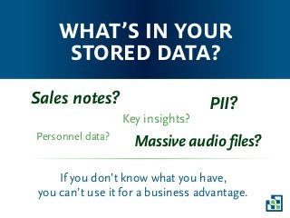 What’s in your
stored data?
If you don’t know what you have,
you can’t use it for a business advantage.
Massive audio files?
Sales notes? PII?
Personnel data?
Key insights?
 