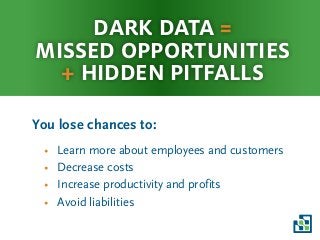 Dark data =
missed opportunities
+ hidden pitfalls
You lose chances to:
• Learn more about employees and customers
• Decrease costs
• Increase productivity and profits
• Avoid liabilities
 