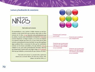 70
Lectura y localización de conectores
Qué onda con la ciencia
El sonambulismo, o sea, caminar o hablar mientras se está dur-
miendo, es más común de lo que se piensa, sobre todo en niños
menores de 12 años, ya que duermen más profundamente que
los adultos. Cuando están sonámbulos se comportan como si es-
tuvieran despiertos: se dirigen al baño o a la cocina sin tropezar.
Los expertos calculan que entre 10 y 15 por ciento de los niños
caminan ocasionalmente al estar dormidos, sin que ello signiﬁque
algún problema físico o emocional. Se dice que los sonámbulos
caminan con los brazos extendidos y los ojos abiertos, pero en
realidad no ven, pues están profundamente dormidos. Sólo hay
que despertarlos cuando estén ante algún riesgo; de lo contrario,
sólo hay que hablarles y convencerlos de que vuelvan a la cama.
“Qué onda con la ciencia”. La Jornada niños, suplemento
sabatino de La Jornada. México, DF. Año ocho, número. 369,
sábado 2 de abril de 1994, p. 3.
Conector para continuar
con el tema
Conector para establecer
una comparación
Conector que se pone para
expresar una idea opuesta
a la anterior, para estable-
cer un contraste
Conector que se pone para
expresar una idea opuesta
a la anterior, para estable-
cer un contraste
 