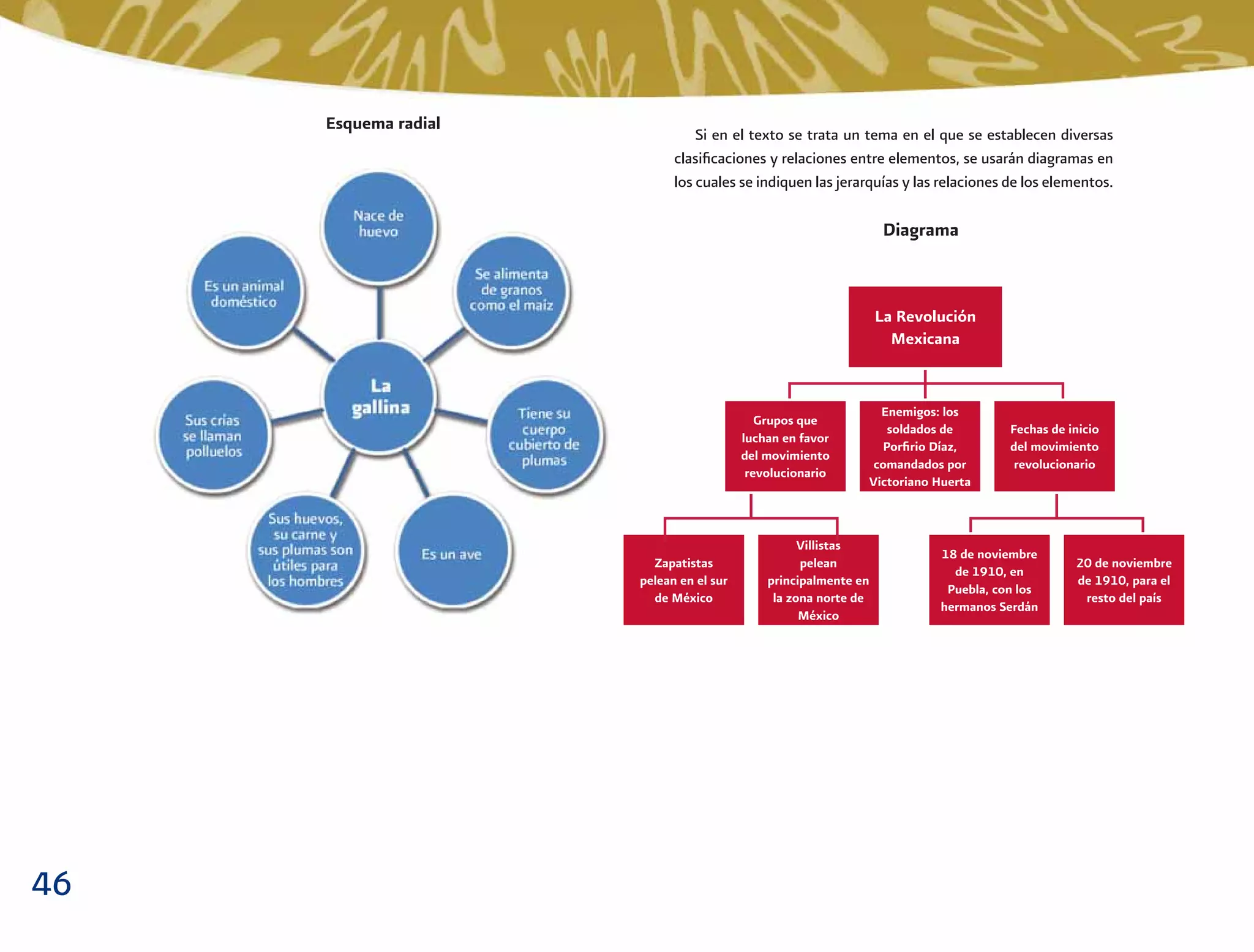 46
Esquema radial
Si en el texto se trata un tema en el que se establecen diversas
clasiﬁcaciones y relaciones entre elementos, se usarán diagramas en
los cuales se indiquen las jerarquías y las relaciones de los elementos.
Zapatistas
pelean en el sur
de México
Villistas
pelean
principalmente en
la zona norte de
México
La Revolución
Mexicana
Grupos que
luchan en favor
del movimiento
revolucionario
Enemigos: los
soldados de
Porﬁrio Díaz,
comandados por
Victoriano Huerta
18 de noviembre
de 1910, en
Puebla, con los
hermanos Serdán
20 de noviembre
de 1910, para el
resto del país
Fechas de inicio
del movimiento
revolucionario
Diagrama
 