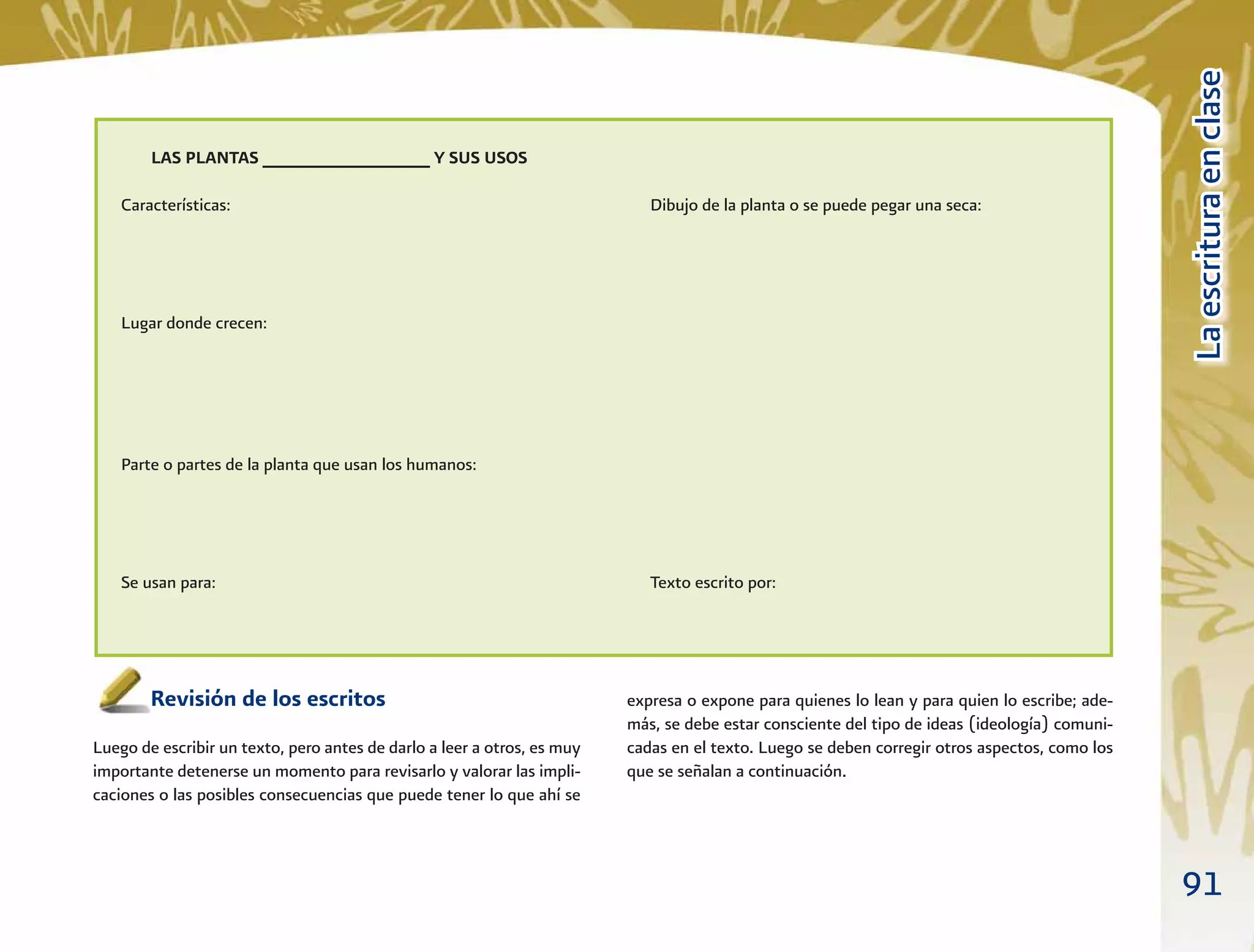 91
LaescrituraenclaseLaescrituraenclase
expresa o expone para quienes lo lean y para quien lo escribe; ade-
más, se debe estar consciente del tipo de ideas (ideología) comuni-
cadas en el texto. Luego se deben corregir otros aspectos, como los
que se señalan a continuación.
Revisión de los escritos
Luego de escribir un texto, pero antes de darlo a leer a otros, es muy
importante detenerse un momento para revisarlo y valorar las impli-
caciones o las posibles consecuencias que puede tener lo que ahí se
LAS PLANTAS _________________ Y SUS USOS
Características:
Lugar donde crecen:
Parte o partes de la planta que usan los humanos:
Se usan para:
Dibujo de la planta o se puede pegar una seca:
Texto escrito por:
 