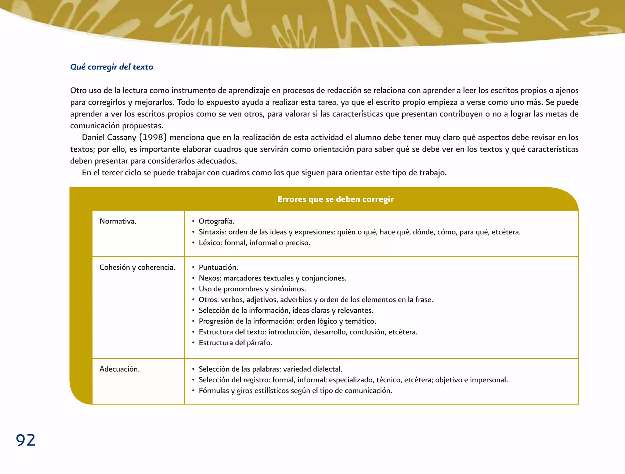 92
Qué corregir del texto
Otro uso de la lectura como instrumento de aprendizaje en procesos de redacción se relaciona con aprender a leer los escritos propios o ajenos
para corregirlos y mejorarlos. Todo lo expuesto ayuda a realizar esta tarea, ya que el escrito propio empieza a verse como uno más. Se puede
aprender a ver los escritos propios como se ven otros, para valorar si las características que presentan contribuyen o no a lograr las metas de
comunicación propuestas.
Daniel Cassany (1998) menciona que en la realización de esta actividad el alumno debe tener muy claro qué aspectos debe revisar en los
textos; por ello, es importante elaborar cuadros que servirán como orientación para saber qué se debe ver en los textos y qué características
deben presentar para considerarlos adecuados.
En el tercer ciclo se puede trabajar con cuadros como los que siguen para orientar este tipo de trabajo.
Normativa. • Ortografía.
• Sintaxis: orden de las ideas y expresiones: quién o qué, hace qué, dónde, cómo, para qué, etcétera.
• Léxico: formal, informal o preciso.
Adecuación. • Selección de las palabras: variedad dialectal.
• Selección del registro: formal, informal; especializado, técnico, etcétera; objetivo e impersonal.
• Fórmulas y giros estilísticos según el tipo de comunicación.
Cohesión y coherencia. • Puntuación.
• Nexos: marcadores textuales y conjunciones.
• Uso de pronombres y sinónimos.
• Otros: verbos, adjetivos, adverbios y orden de los elementos en la frase.
• Selección de la información, ideas claras y relevantes.
• Progresión de la información: orden lógico y temático.
• Estructura del texto: introducción, desarrollo, conclusión, etcétera.
• Estructura del párrafo.
Errores que se deben corregir
 