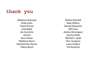 Matias Niemelä 
Nate Wilkins 
Donald Pipowitch 
Jeff Cross 
Andres Dominguez 
Jeremy Attali 
Michael J. Zoidl 
Thor Jacobsen 
Lucas Galfaso 
Tim Kendrick 
thank you 
Stéphane Reynaud 
Andy Joslin 
Pascal Precht 
Julie Ralph 
Jim Cummins 
thorn0 
Kevin Rowe 
Matthew Harris 
Konstantinos Rousis 
Tobias Bosch 
 