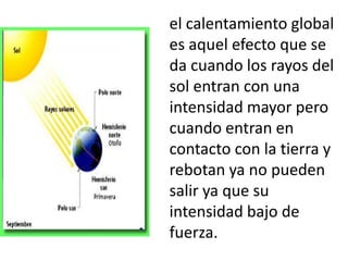 el calentamiento global
es aquel efecto que se
da cuando los rayos del
sol entran con una
intensidad mayor pero
cuando entran en
contacto con la tierra y
rebotan ya no pueden
salir ya que su
intensidad bajo de
fuerza.
 