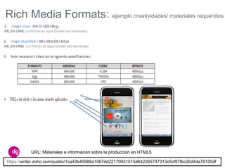 Rich Media Formats: ejemplo creatividades/ materiales requeridos




           URL: Materiales e información sobre la producción en HTML5

https://writer.zoho.com/public/1ca43b40989a1067dd22170931515d642265747313c5cf97fbc26d4da76100df
 