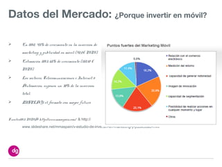 Datos del Mercado: ¿Porque invertir en móvil?

       En 2012, 45% de crecimiento en la inversión de
        marketing y publicidad en móvil (92,2€ MM)
       Estimación 2013, 65% de crecimiento (152,10 €
        MM)
       Los sectores, Telecomunicaciones e Internet &
        Automoción, suponen un 30% de la inversión
        total.
       DISPLAY: el formato con mayor futuro


Fuentes2013: MMA http://www.mmaspain.com/ & http://

        www.slideshare.net/mmaspain/v-estudio-de-inversin-en-marketing-y-publicidad-mvil
 