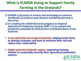 What is ICARDA Doing to Support Family 
Farming in the Drylands? 
 ICARDA is focusing on science and technology to enhance 
livelihoods of resource-poor farmers and family farming in 
dry areas. 
 It is leading the CGIAR Research program on Dryland 
Agricultural Production Systems (CRP 1.1) to unleash the 
productive potential of small farmers and family farms in the 
drylands: 
 In low potential and marginal drylands: helping family farms 
to develop strategies and tools to minimize their risk and 
reduce their vulnerability 
 Higher-potential drylands regions: supporting farming 
families to sustainably intensify their agricultural production 
systems 
 