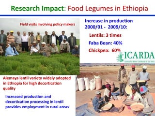 Research Impact: Food Legumes in Ethiopia 
Field visits involving policy makers 
Alemaya lentil variety widely adopted 
in Ethiopia for high decortication 
quality 
Increase in production 
2000/01 - 2009/10: 
• Lentils: 3 times 
• Faba Bean: 40% 
• Chickpea: 60% 
Increased production and 
decortication processing in lentil 
provides employment in rural areas 
 
