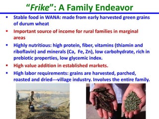 “Frike”: A Family Endeavor 
 Stable food in WANA: made from early harvested green grains 
of durum wheat 
 Important source of income for rural families in marginal 
areas 
 Highly nutritious: high protein, fiber, vitamins (thiamin and 
riboflavin) and minerals (Ca, Fe, Zn), low carbohydrate, rich in 
prebiotic properties, low glycemic index. 
 High value addition in established markets. 
 High labor requirements: grains are harvested, parched, 
roasted and dried---village industry. Involves the entire family. 
 
