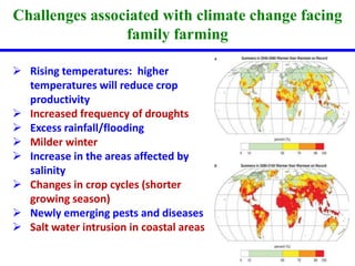 Challenges associated with climate change facing 
family farming 
 Rising temperatures: higher 
temperatures will reduce crop 
productivity 
 Increased frequency of droughts 
 Excess rainfall/flooding 
 Milder winter 
 Increase in the areas affected by 
salinity 
 Changes in crop cycles (shorter 
growing season) 
 Newly emerging pests and diseases 
 Salt water intrusion in coastal areas 
 
