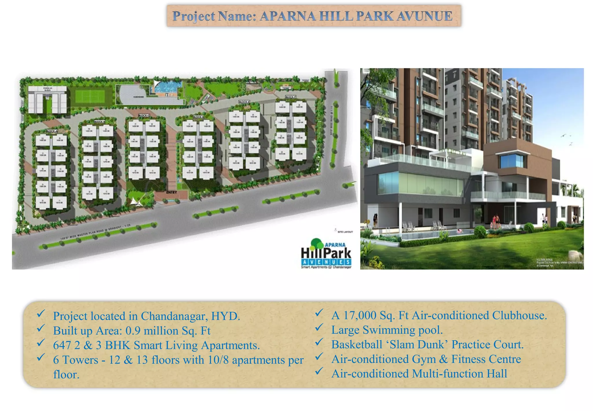  A 17,000 Sq. Ft Air-conditioned Clubhouse.
 Large Swimming pool.
 Basketball ‘Slam Dunk’ Practice Court.
 Air-conditioned Gym & Fitness Centre
 Air-conditioned Multi-function Hall
 Project located in Chandanagar, HYD.
 Built up Area: 0.9 million Sq. Ft
 647 2 & 3 BHK Smart Living Apartments.
 6 Towers - 12 & 13 floors with 10/8 apartments per
floor.
 