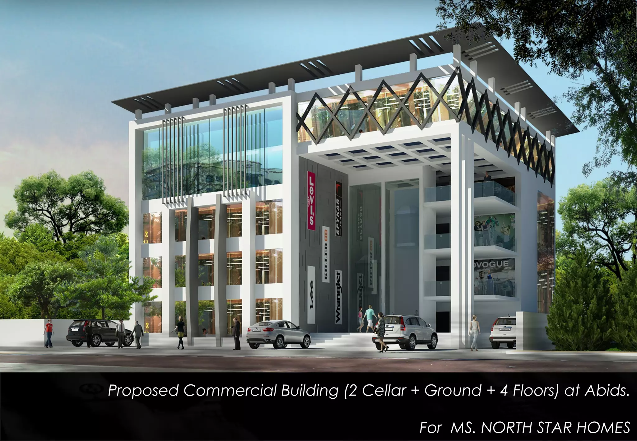 Proposed Commercial Building (2 Cellar + Ground + 4 Floors) at Abids.
For MS. NORTH STAR HOMES
 