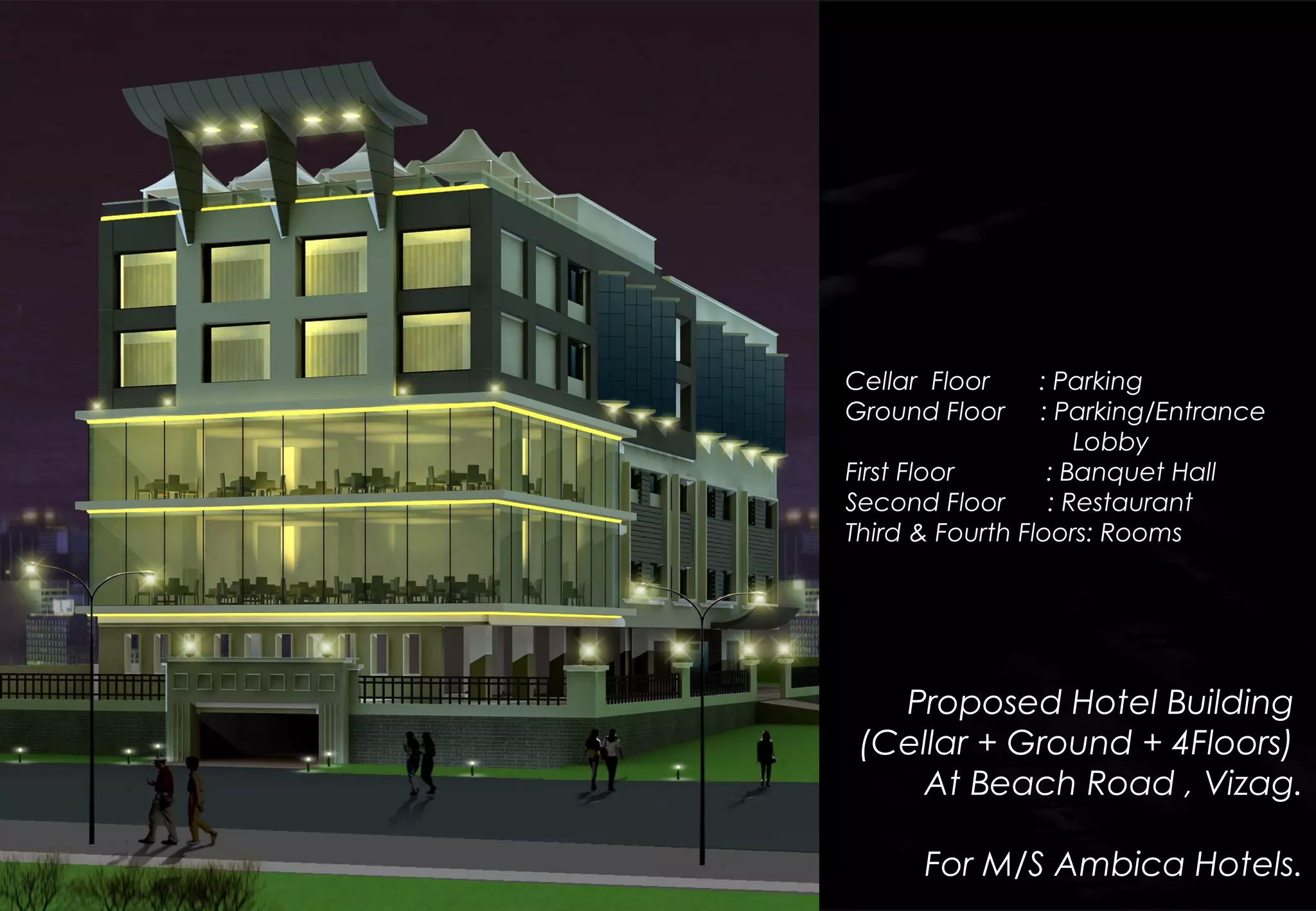 Proposed Hotel Building
(Cellar + Ground + 4Floors)
At Beach Road , Vizag.
For M/S Ambica Hotels.
Cellar Floor : Parking
Ground Floor : Parking/Entrance
Lobby
First Floor : Banquet Hall
Second Floor : Restaurant
Third & Fourth Floors: Rooms
 