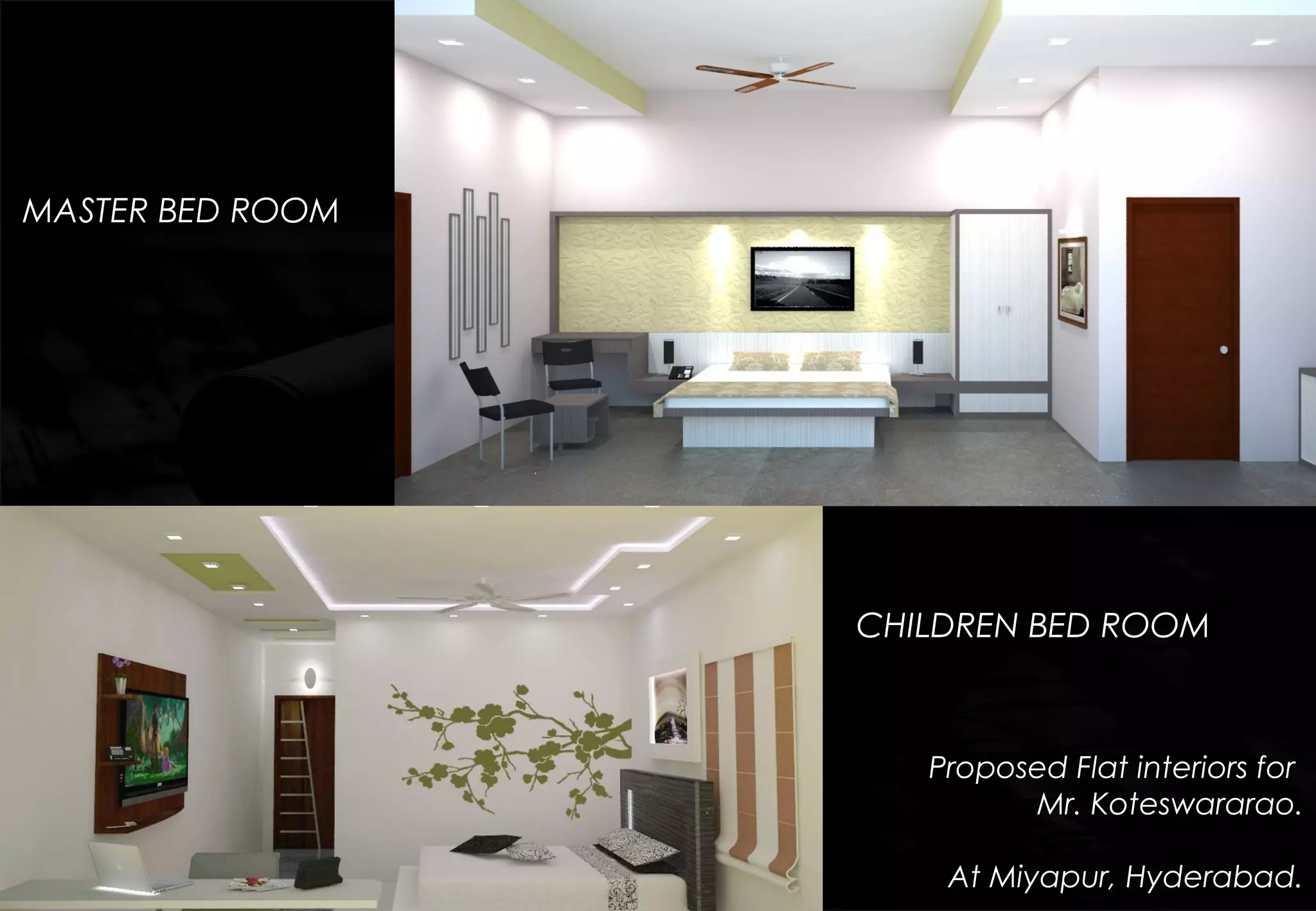 Proposed Flat interiors for
Mr. Koteswararao.
At Miyapur, Hyderabad.
MASTER BED ROOM
CHILDREN BED ROOM
 