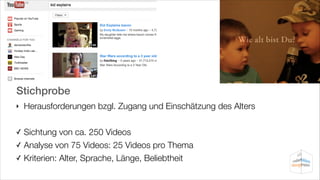 Stichprobe
‣

Herausforderungen bzgl. Zugang und Einschätzung des Alters
!

Sichtung von ca. 250 Videos
✓ Analyse von 75 Videos: 25 Videos pro Thema
✓ Kriterien: Alter, Sprache, Länge, Beliebtheit
✓

 