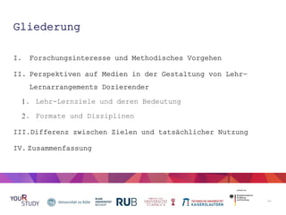 Gliederung
I. Forschungsinteresse und Methodisches Vorgehen
II. Perspektiven auf Medien in der Gestaltung von Lehr-
Lernar...