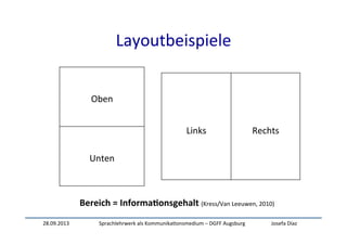 28.09.2013	
   Sprachlehrwerk	
  als	
  Kommunika:onsmedium	
  –	
  DGFF	
  Augsburg	
   Josefa	
  Díaz	
  
Layoutbeispiele	
  
	
  
	
  
Oben	
  
	
  
	
  
Unten	
  
	
  
	
  
	
  
	
  
	
  
Links	
  
	
  
	
  
	
  
	
  
	
  
	
  
	
  
Rechts	
  
Bereich	
  =	
  Informa-onsgehalt	
  (Kress/Van	
  Leeuwen,	
  2010)	
  
 