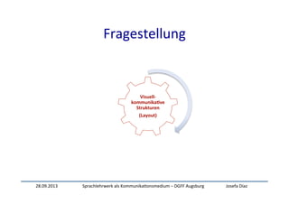 28.09.2013	
   Sprachlehrwerk	
  als	
  Kommunika:onsmedium	
  –	
  DGFF	
  Augsburg	
   Josefa	
  Díaz	
  
Fragestellung	
  
Visuell-­‐
kommunika-ve	
  
Strukturen	
  
(Layout)	
  
 