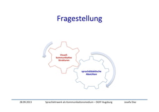 28.09.2013	
   Sprachlehrwerk	
  als	
  Kommunika:onsmedium	
  –	
  DGFF	
  Augsburg	
   Josefa	
  Díaz	
  
Fragestellung	
  
sprachdidak-sche	
  
Absichten	
  	
  
Visuell-­‐
kommunika-ve	
  
Strukturen	
  
 
