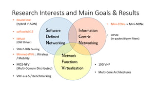 Research Interests and Main Goals & Results
Software
Defined
Networking
Information
Centric
Networking
Network
Functions
Virtualization
• RouteFlow
(hybrid IP-SDN)
• softswitch13
• libfluid
(ONF Driver)
• SDN-2-SDN Peering
• MD2-NFV
(Multi-Domain Distributed)
• VNF-a-a-S / Benchmarking
• Mini-CCNx -> Mini-NDNx
• LIPSIN
(in-packet Bloom filters)
• 10G VNF
• Multi-Core Architectures
• Mininet-WiFi :: Wireless
/ Mobility
 