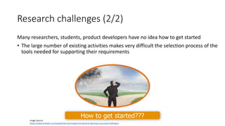 Research challenges (2/2)
Many researchers, students, product developers have no idea how to get started
• The large number of existing activities makes very difficult the selection process of the
tools needed for supporting their requirements
Image Source:
https://www.linkedin.com/pulse/how-technology-has-become-blessing-curse-paul-hollington
How to get started???
 