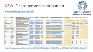 • http://bit.do/oss-sdn-nfv
NEW: Please see and contribute to
https://docs.google.com/spreadsheets/d/1NHI4MZZWVDpxF_Rs7OOSTUa_aHL2ACUVA_Ov-YQs1DA/edit#gid=0
 