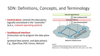 • Control plane: controls the data plane;
logically centralized in the “controller”
(a.k.a., network operating system).
• Southbound interface:
(instruction set to program the data plane)
+
(protocol btw control- and data planes).
E.g., OpenFlow, POF, Forces, Netconf
SDN: Definitions, Concepts, and Terminology
Source:
“Software-Defined Networking: A Comprehensive Survey”,
Kreutz et al., In Proceedings of the IEEE, Vol. 103, Issue 1, Jan. 2015..
 